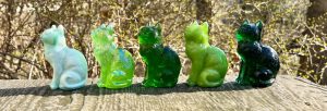 Green cat figurines by Mosser Glass